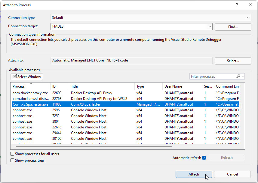 Attach debugger to process